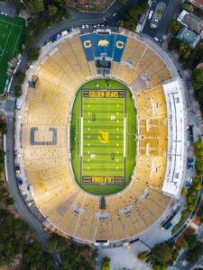 High angle shot of California Memorial Stadium in Berkeley, home of the Golden Bears.